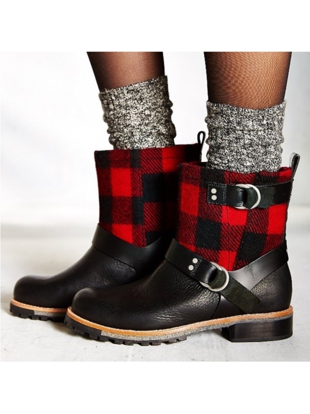 EUC Woolrich Baltimore Leather Buffalo Plaid Wool Moto Boots Size 6.5